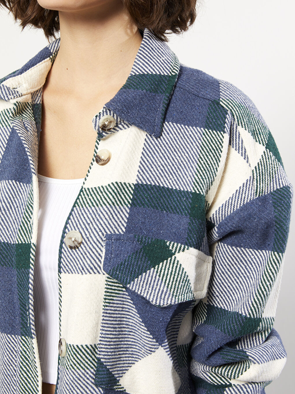 Lacivert Ekose Uzun Kollu Kadın Gömlek Ceket-5