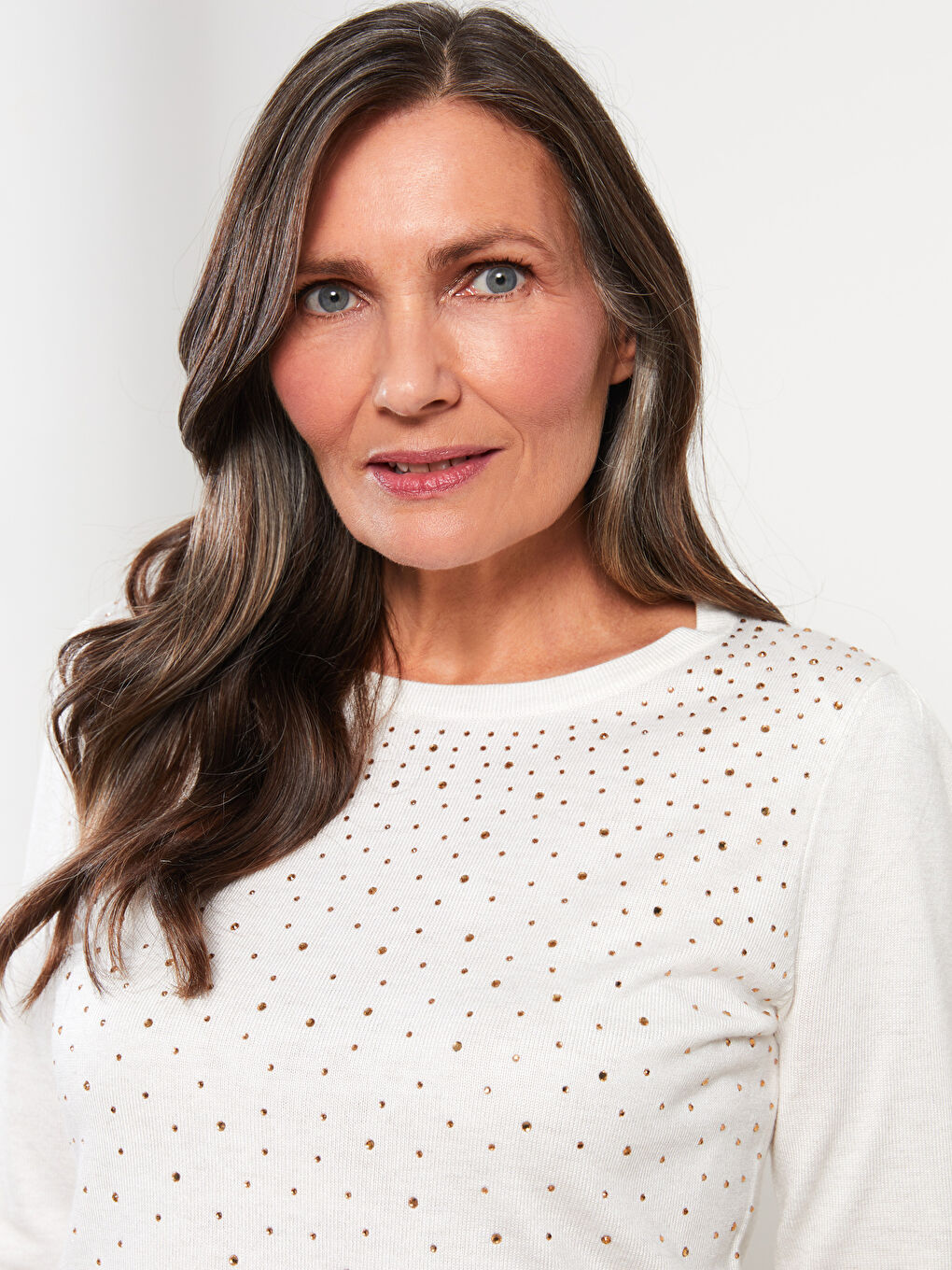 Bej Bisiklet Yaka Pul Payet İşlemeli Uzun Kollu Kadın Kazak-2