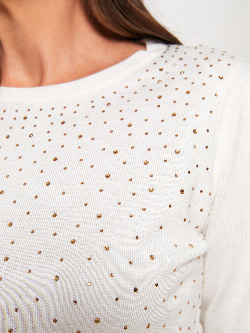 Bej Bisiklet Yaka Pul Payet İşlemeli Uzun Kollu Kadın Kazak-3