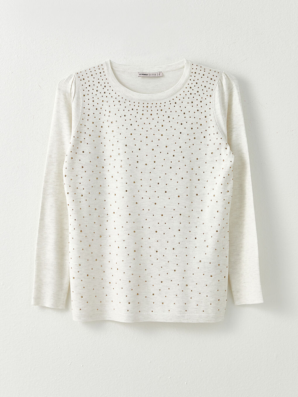 Bej Bisiklet Yaka Pul Payet İşlemeli Uzun Kollu Kadın Kazak-5