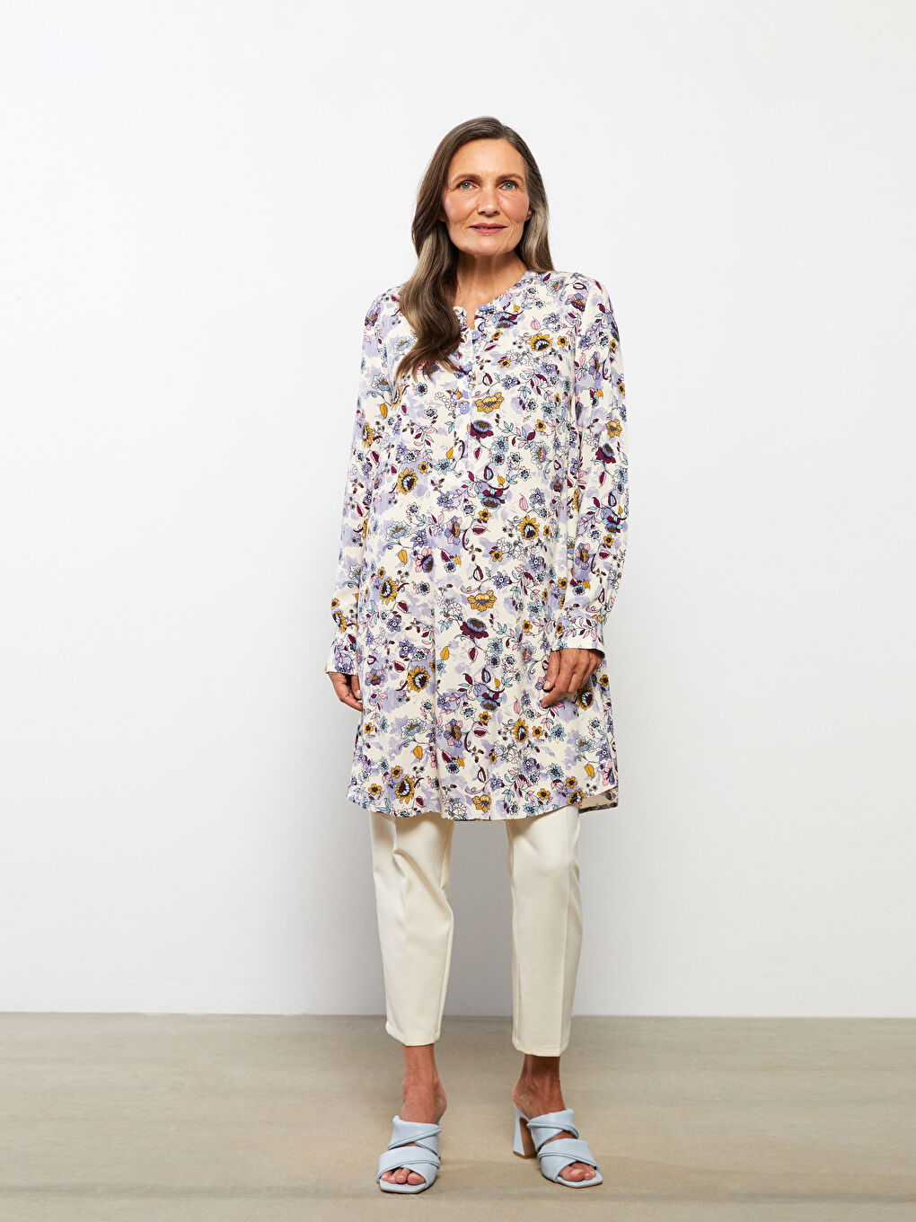 Crew Neck Patterned Long Sleeve Poplin Women's Tunic
