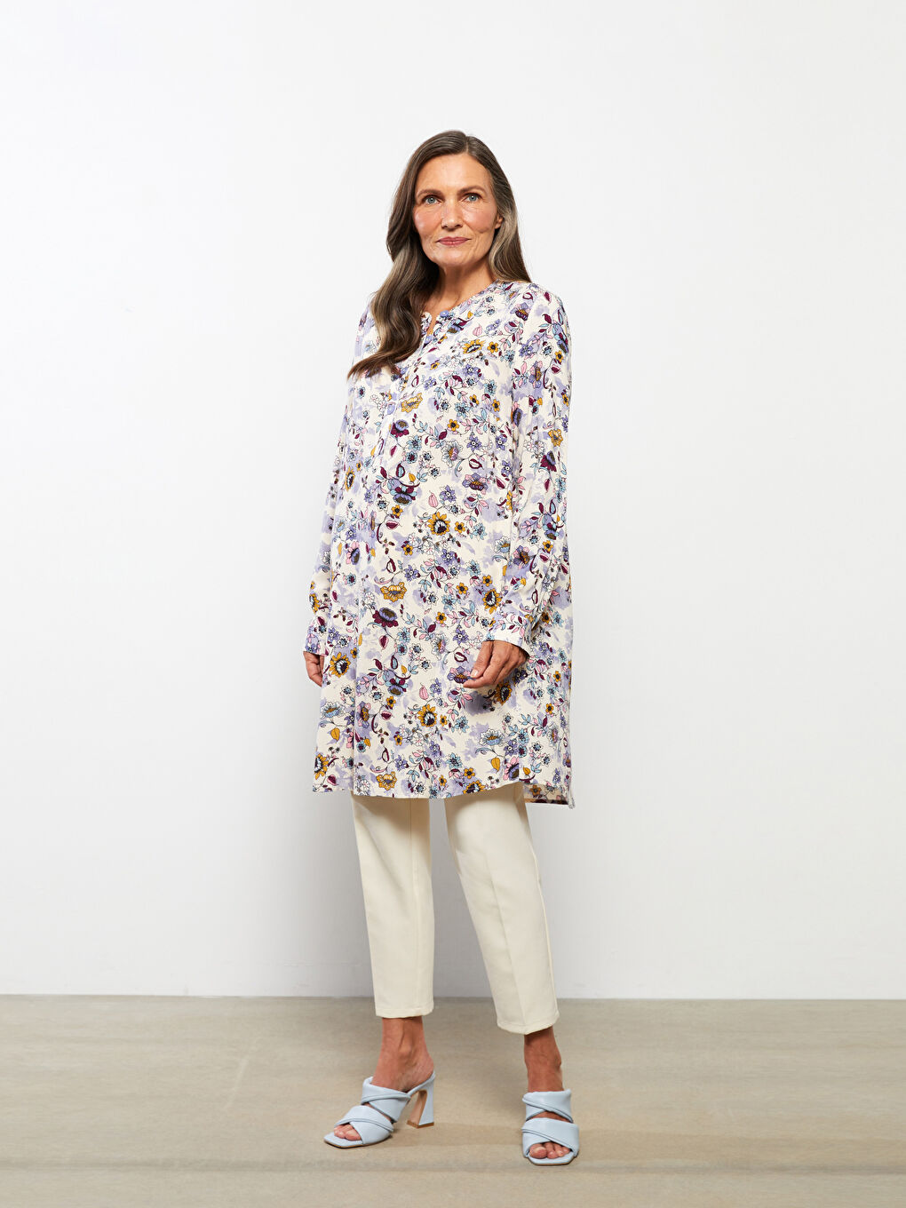 Crew Neck Patterned Long Sleeve Poplin Women's Tunic-1