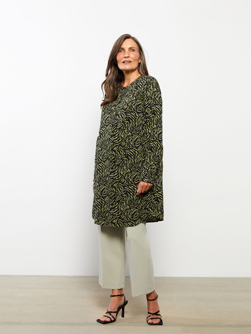 Crew Neck Patterned Long Sleeve Poplin Women's Tunic-1