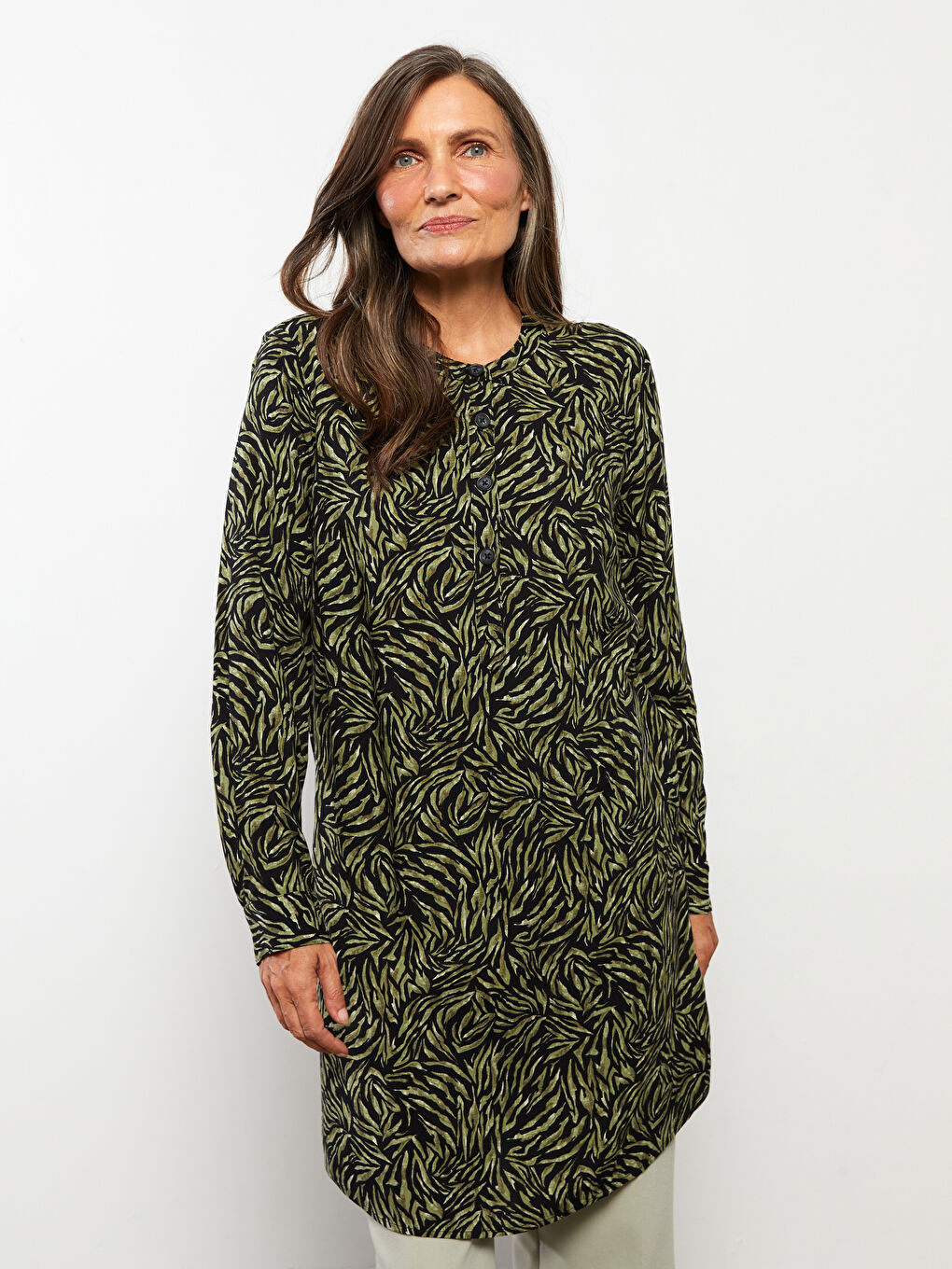 Crew Neck Patterned Long Sleeve Poplin Women's Tunic-2