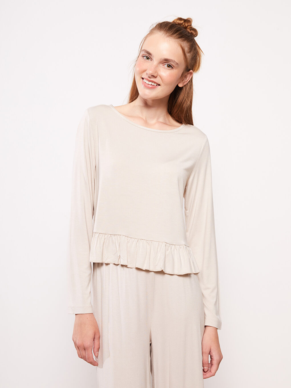 Crew Neck Plain Long Sleeve Women's Pyjama Set-1