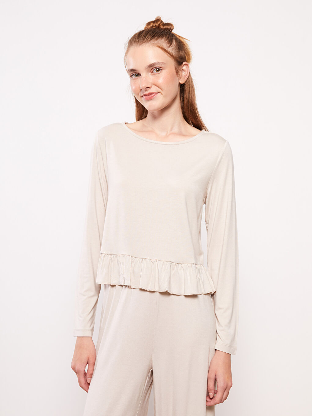 Crew Neck Plain Long Sleeve Women's Pyjama Set-2