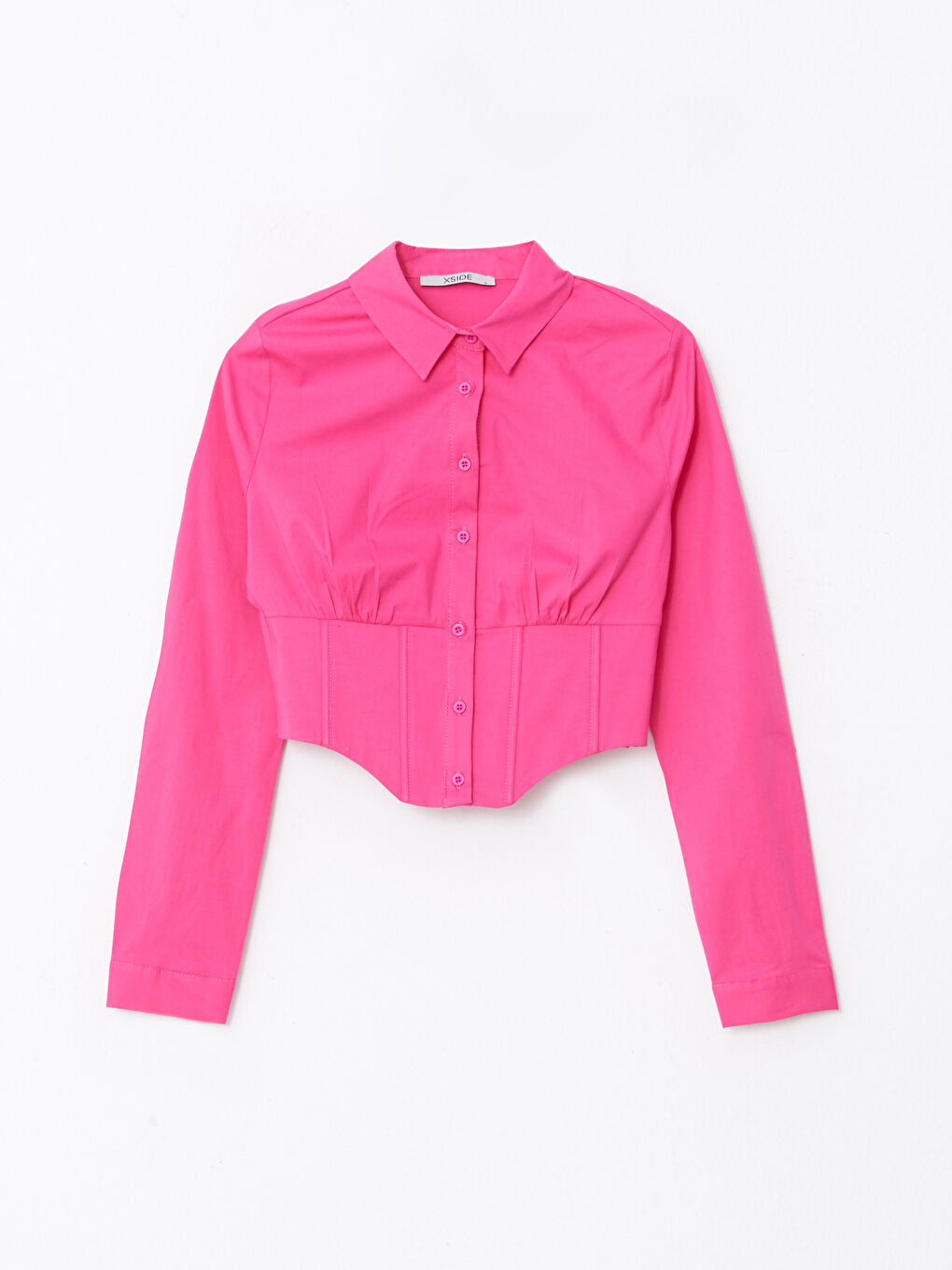 XSIDE Pembe Düz Uzun Kollu Crop Poplin Kadın Korse Gömlek - 5