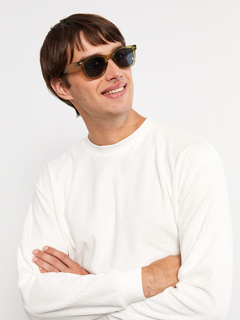 Beyaz Bisiklet Yaka Uzun Kollu Erkek Sweatshirt-1