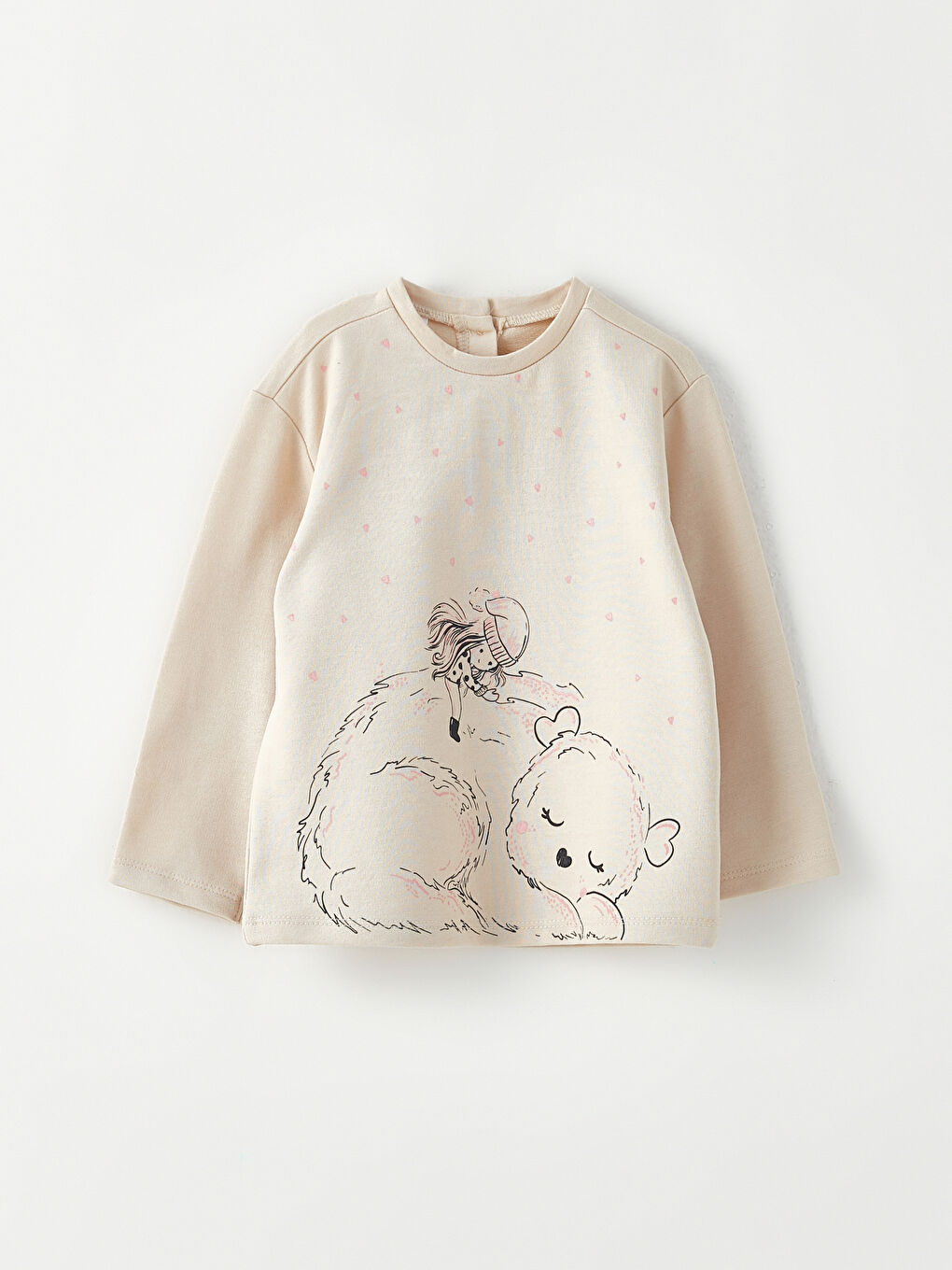 Bej Bisiklet Yaka Uzun Kollu Baskılı Kız Bebek Tişört