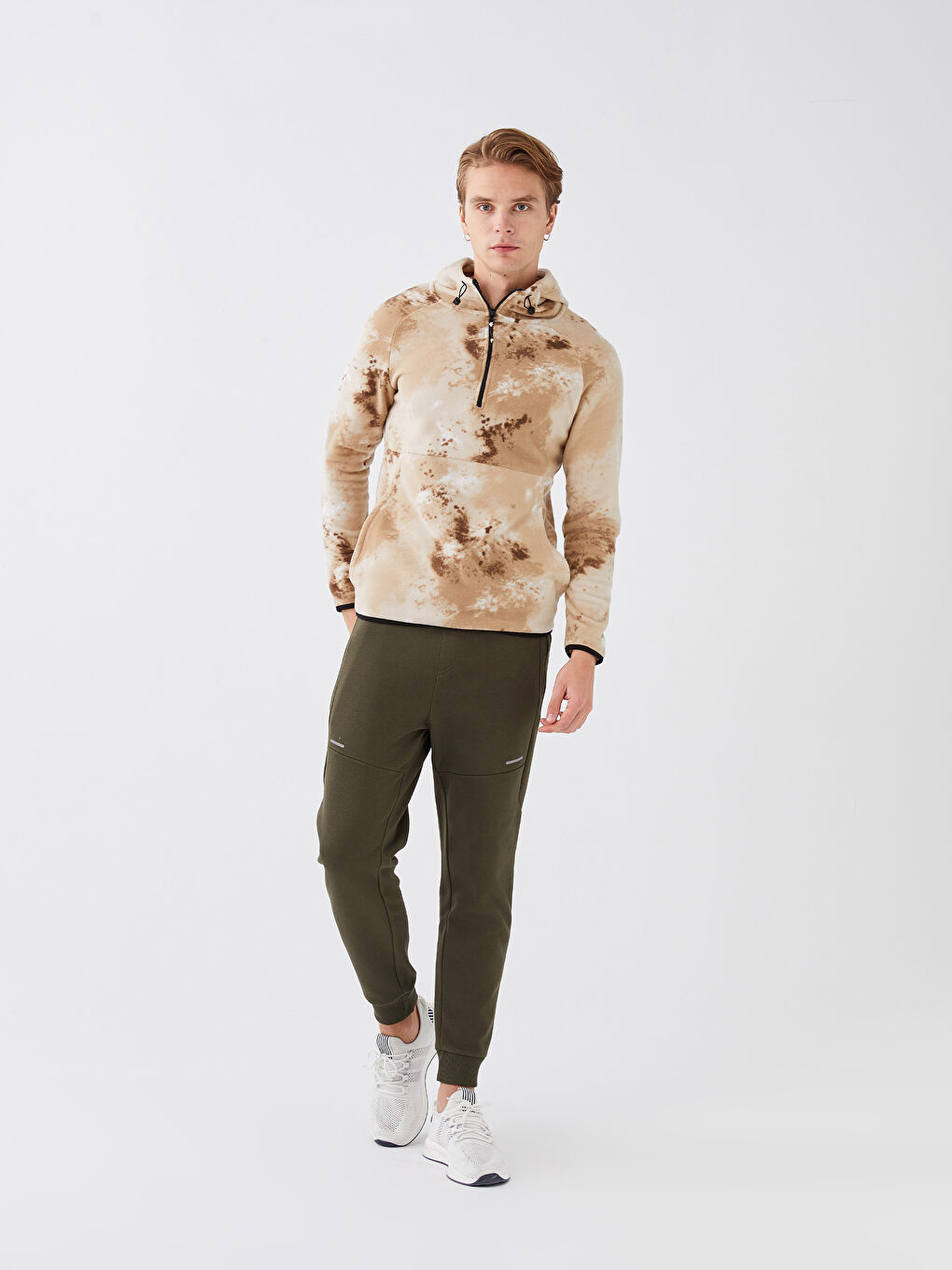 Bej Uzun Kollu Desenli Polar Erkek Hoodie-1