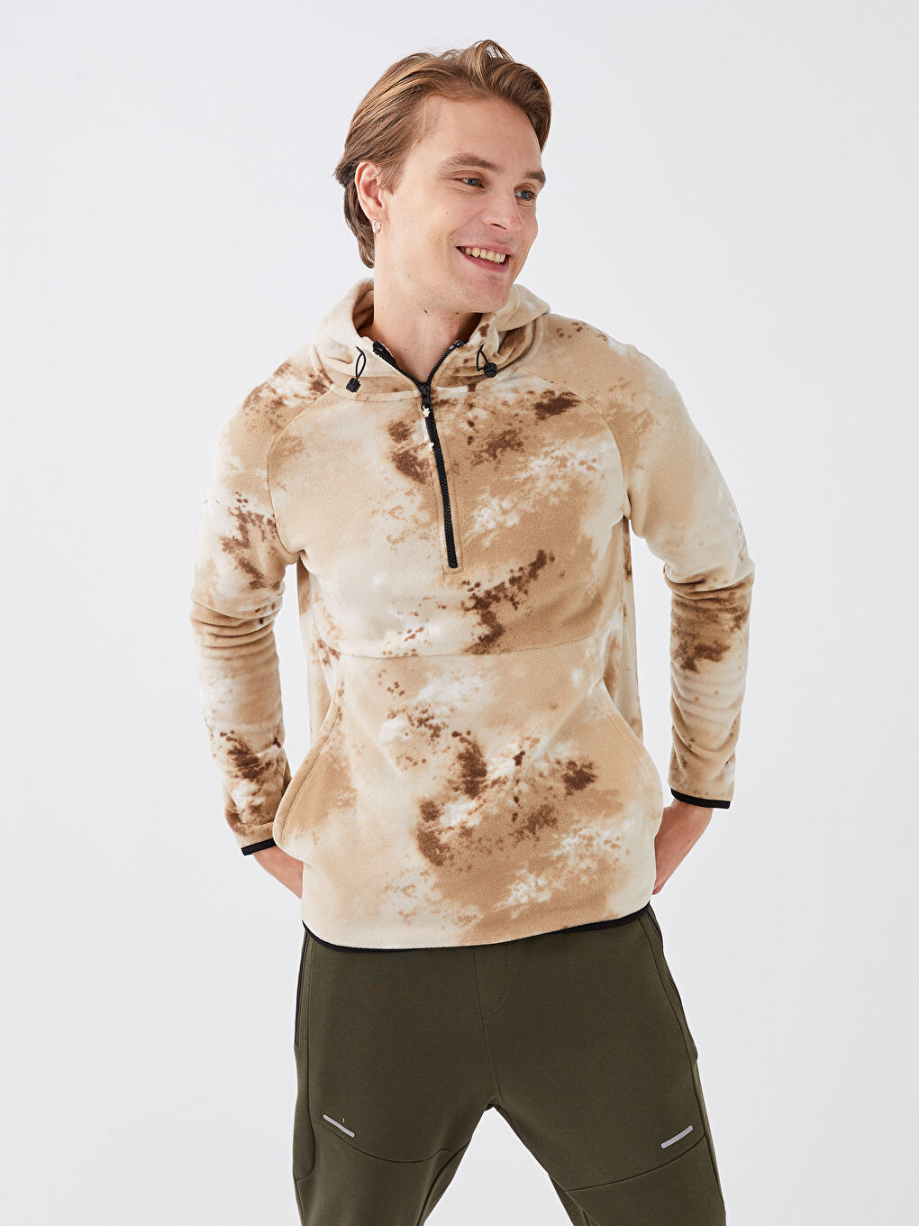 Bej Uzun Kollu Desenli Polar Erkek Hoodie-2