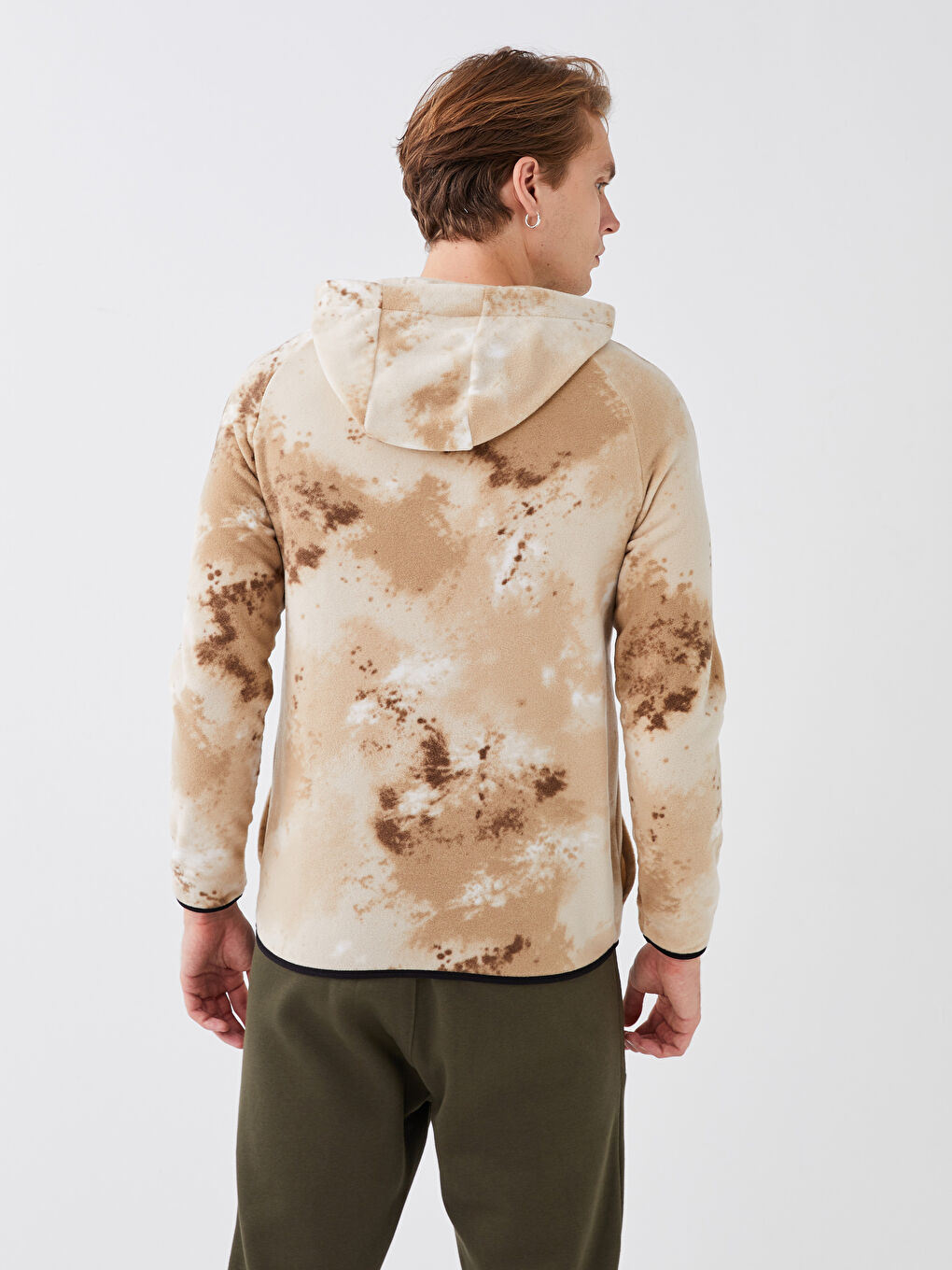 Bej Uzun Kollu Desenli Polar Erkek Hoodie-4