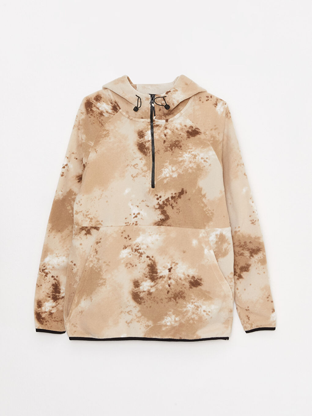 Bej Uzun Kollu Desenli Polar Erkek Hoodie-5