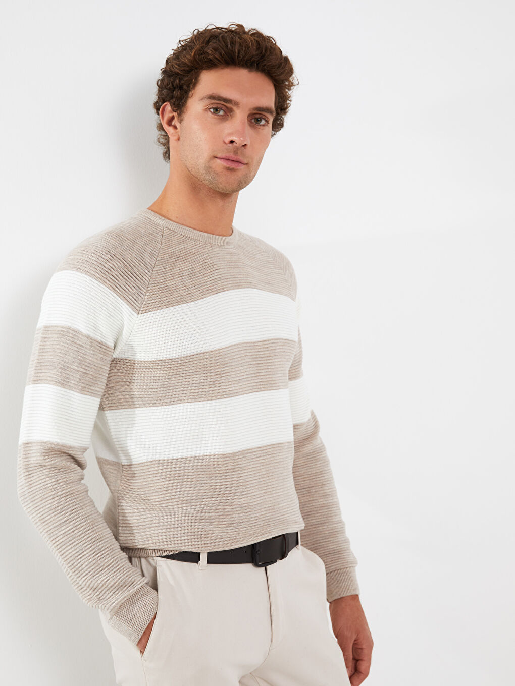 Bej Bisiklet Yaka Uzun Kollu Renk Bloklu Erkek Triko Kazak