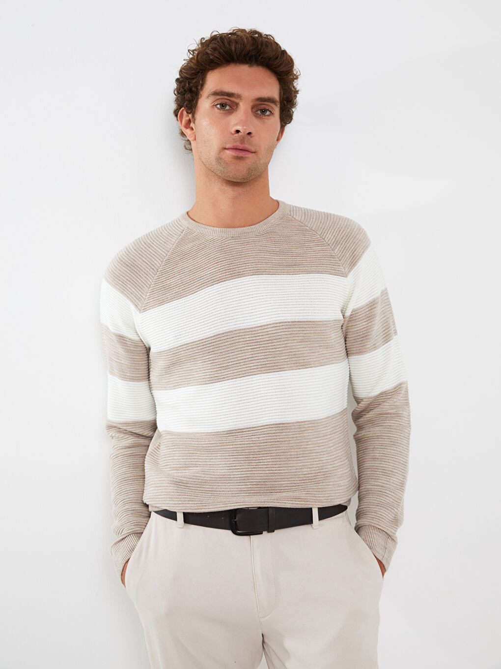 Bej Bisiklet Yaka Uzun Kollu Renk Bloklu Erkek Triko Kazak-1