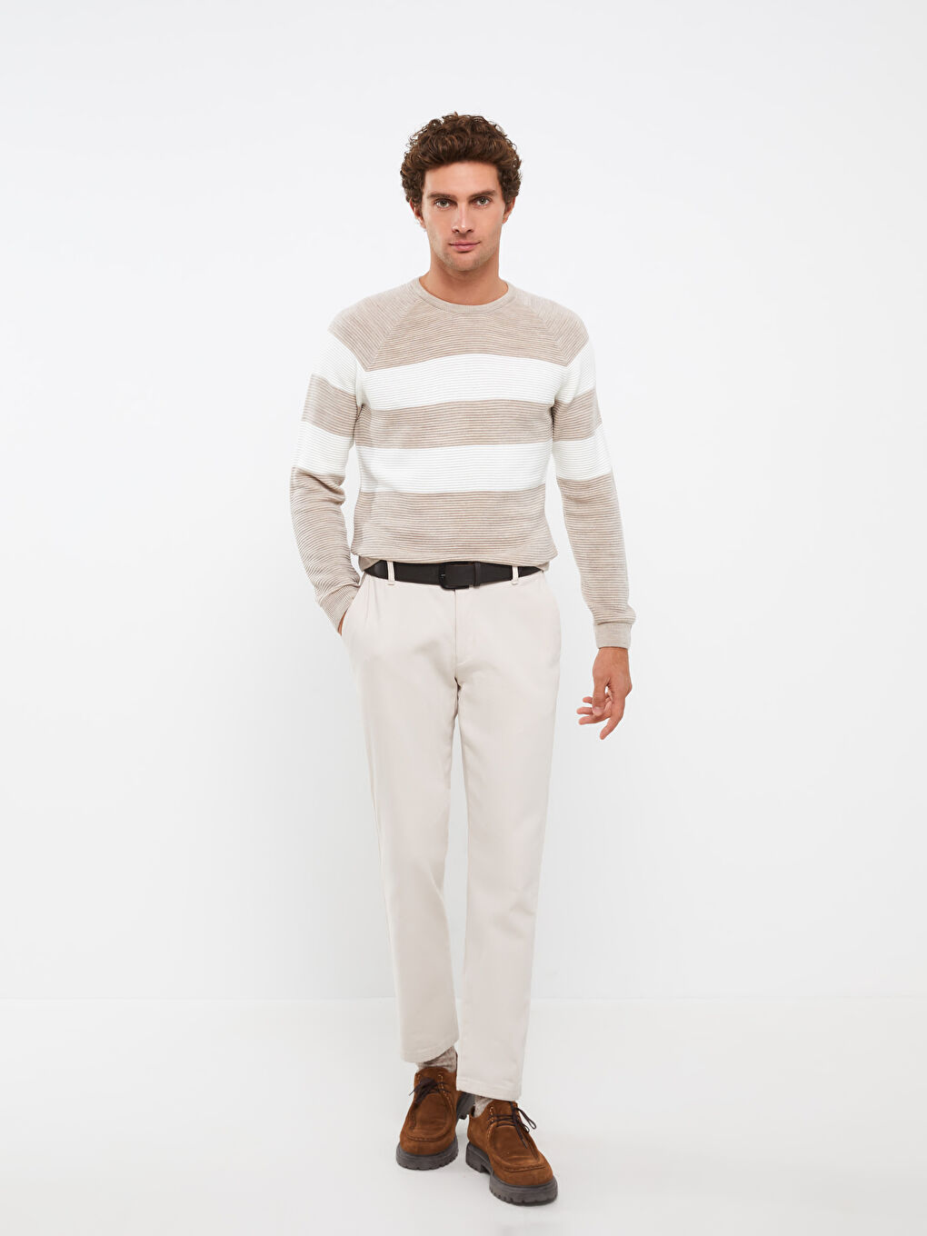 Bej Bisiklet Yaka Uzun Kollu Renk Bloklu Erkek Triko Kazak-2