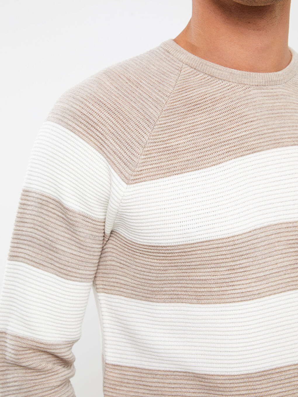 Bej Bisiklet Yaka Uzun Kollu Renk Bloklu Erkek Triko Kazak-3