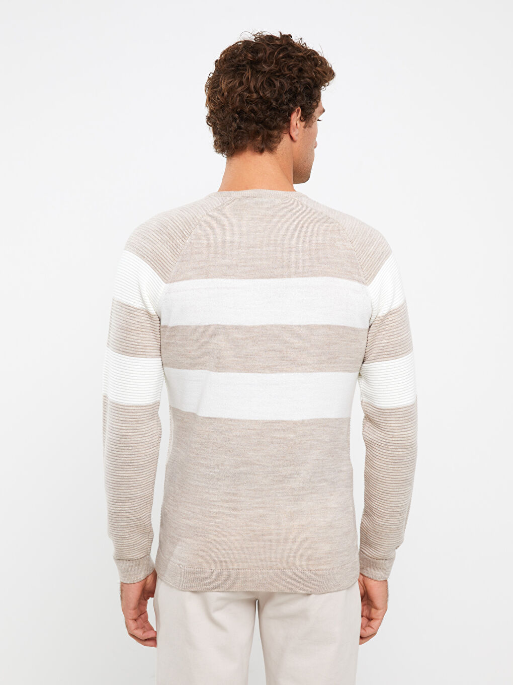 Bej Bisiklet Yaka Uzun Kollu Renk Bloklu Erkek Triko Kazak-4