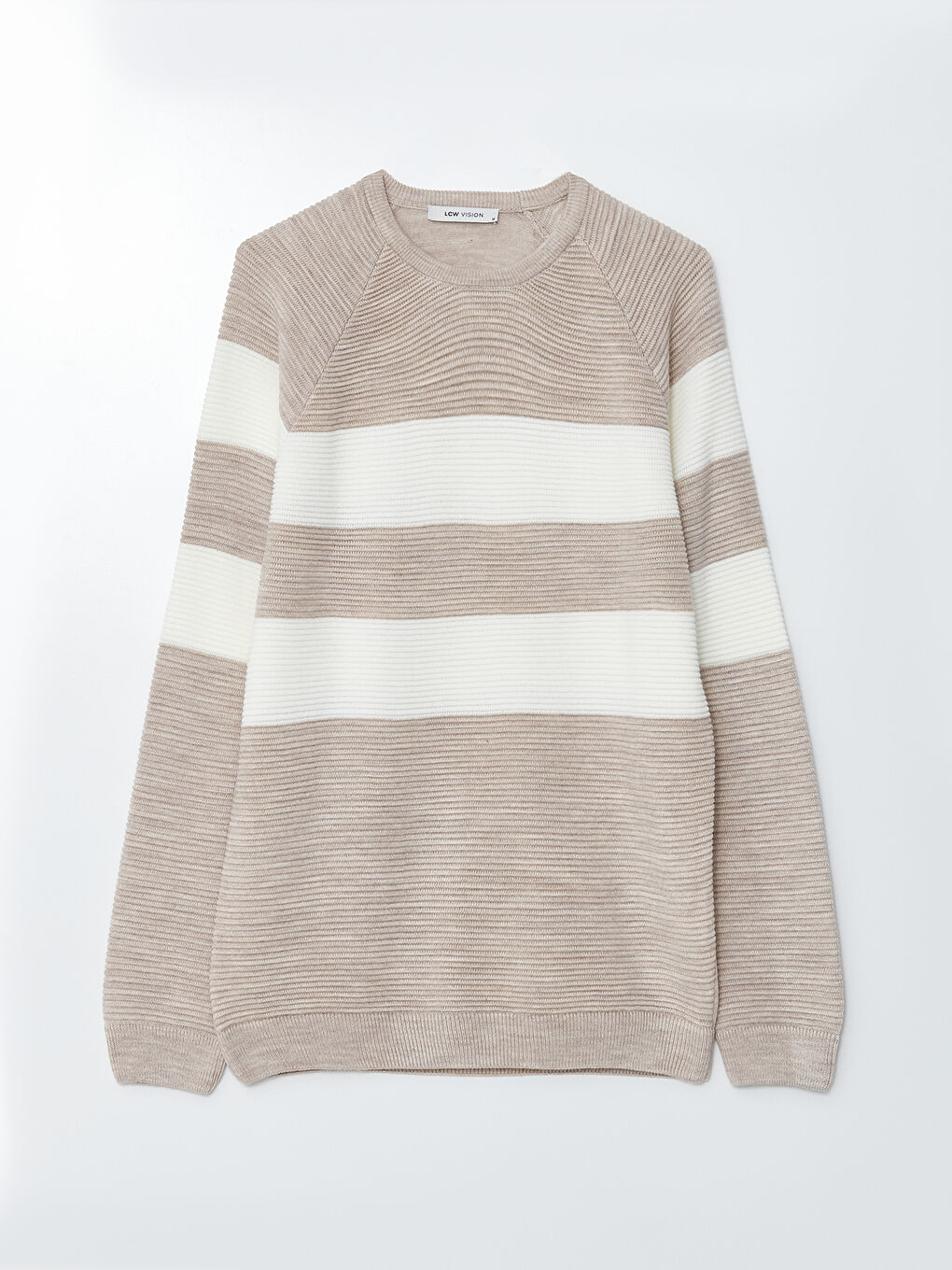 Bej Bisiklet Yaka Uzun Kollu Renk Bloklu Erkek Triko Kazak-5