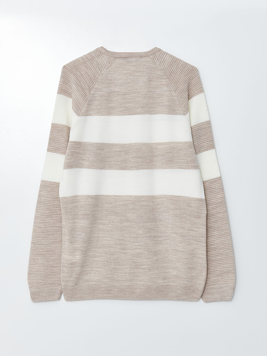 Bej Bisiklet Yaka Uzun Kollu Renk Bloklu Erkek Triko Kazak-6