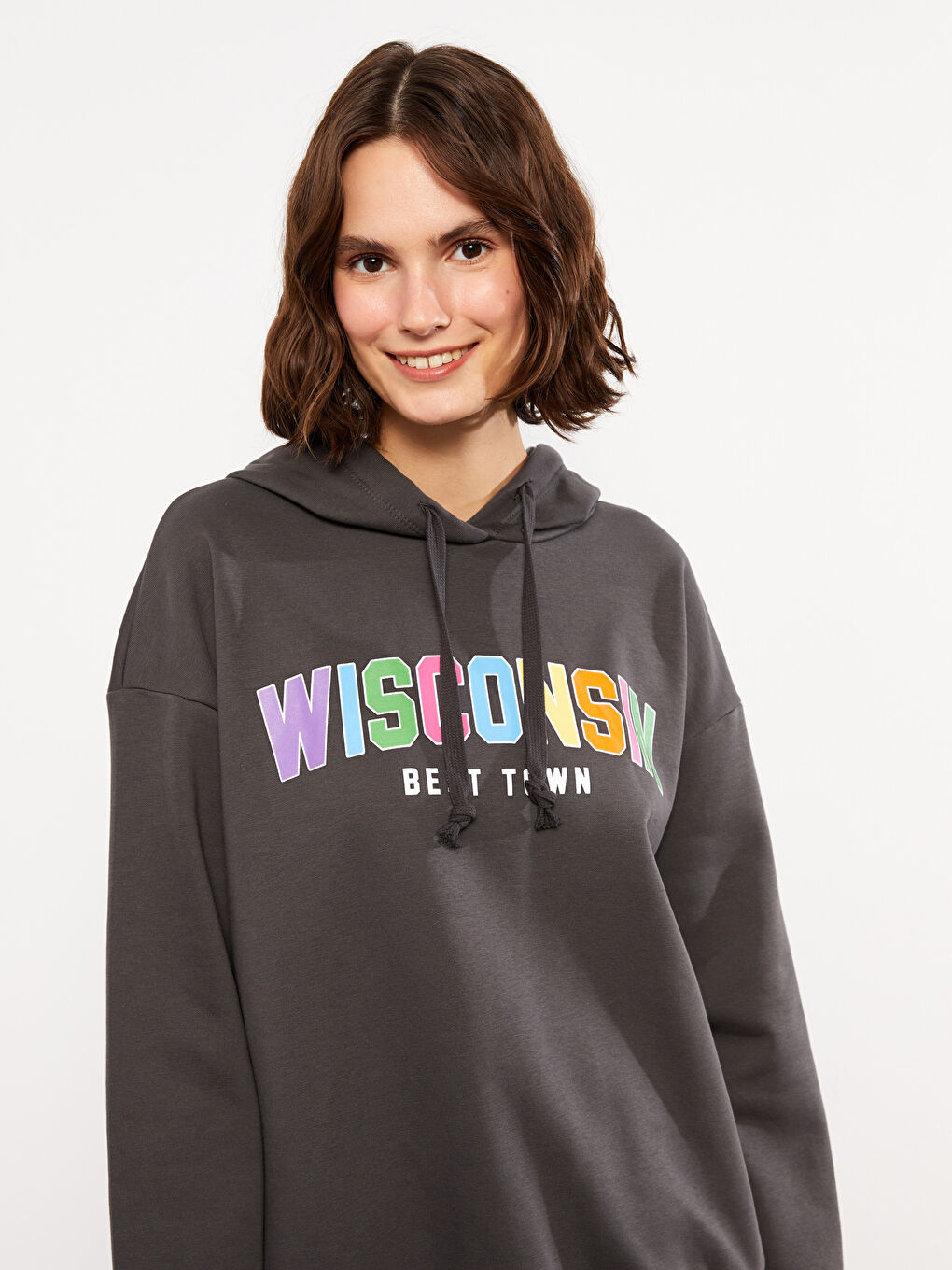 LCW Vision Antrasit Kapüşonlu Baskılı Uzun Kollu Kadın Sweatshirt