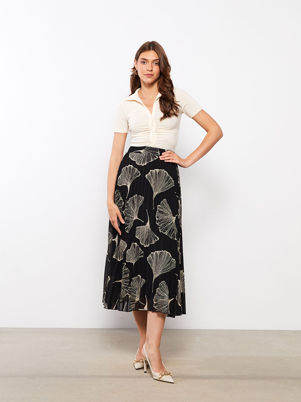 Elasticated Waist Patterned Pleated Chiffon Women's Skirt