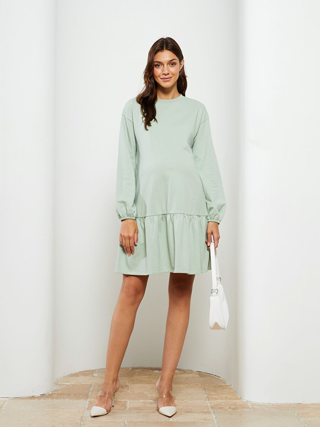 Crew Neck Plain Long Sleeve Maternity Dress -W2DA03Z8-FKS