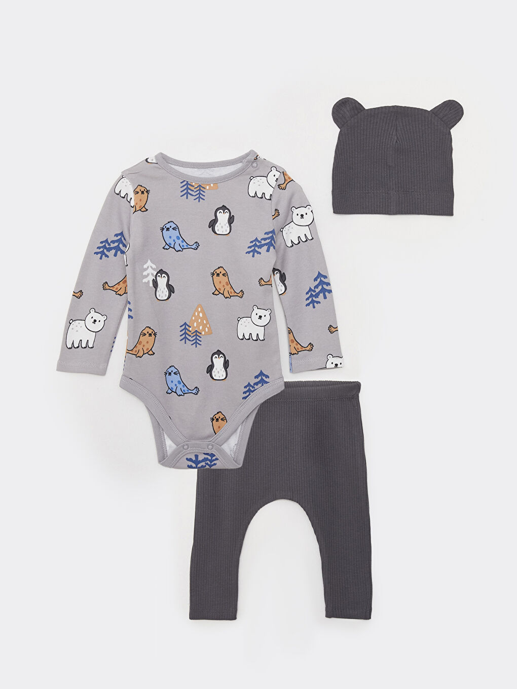 Gri Bisiklet Yaka Uzun Kollu Baskılı Erkek Bebek 3'lü Takım