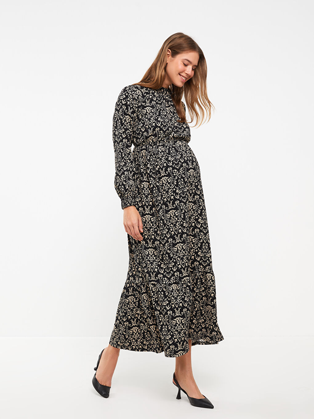 Siyah Dik Yaka Desenli Uzun Kollu Krinkle Hamile Elbise