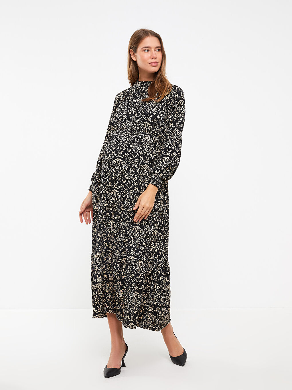Siyah Dik Yaka Desenli Uzun Kollu Krinkle Hamile Elbise-1