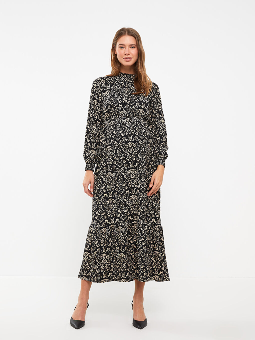 Siyah Dik Yaka Desenli Uzun Kollu Krinkle Hamile Elbise-2