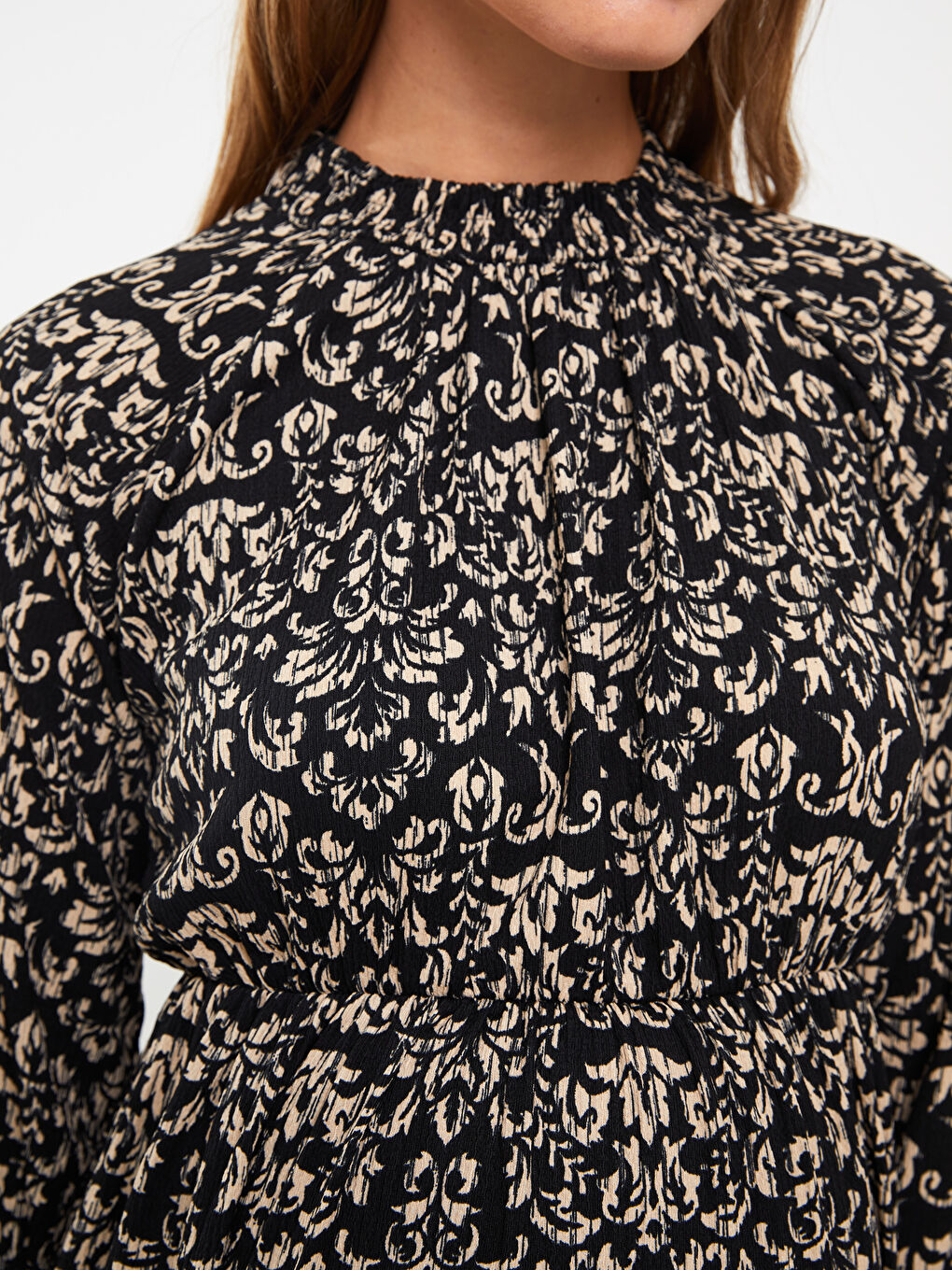 Siyah Dik Yaka Desenli Uzun Kollu Krinkle Hamile Elbise-4