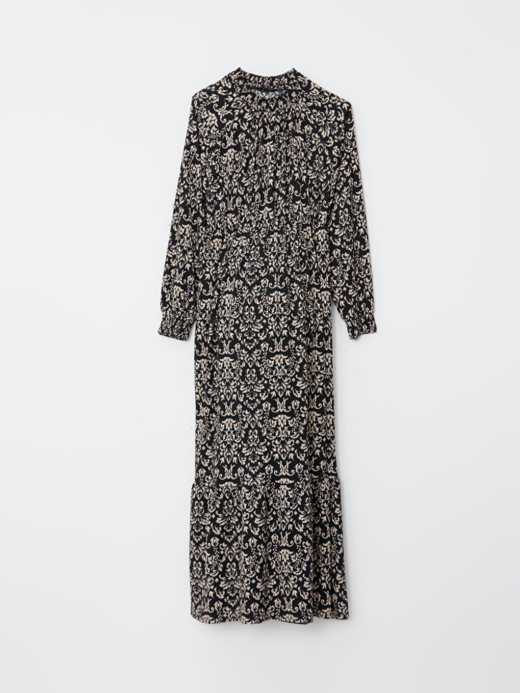 Siyah Dik Yaka Desenli Uzun Kollu Krinkle Hamile Elbise-6