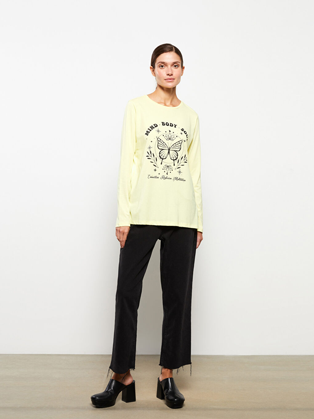 Футболка с круглым вырезом, с принтом, с длинным рукавом, из хлопка, для женщин-1