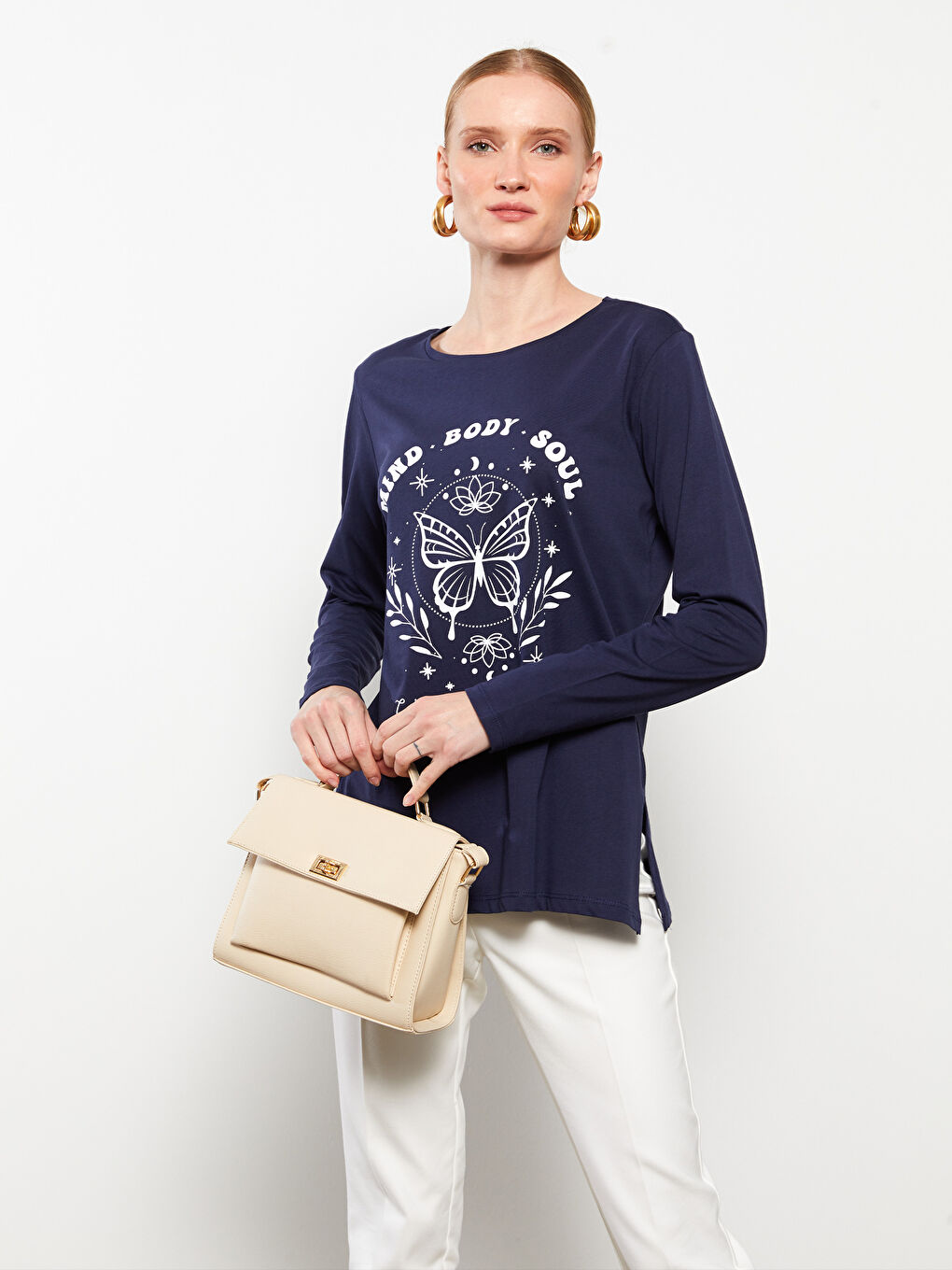 Lacivert Bisiklet Yaka Baskılı Uzun Kollu Pamuklu Kadın Tişört-2