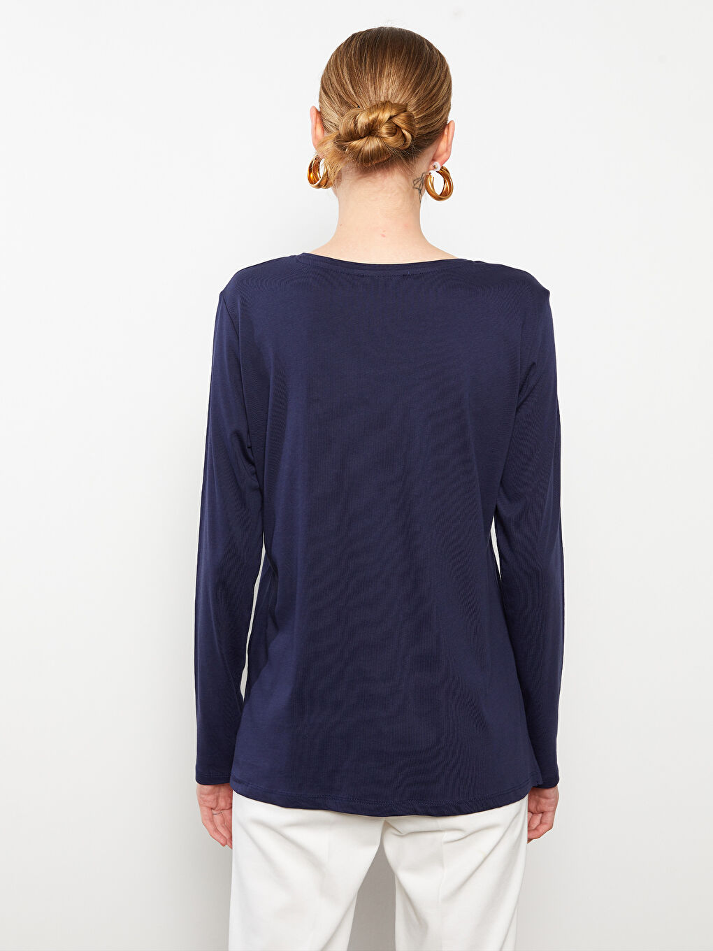 Lacivert Bisiklet Yaka Baskılı Uzun Kollu Pamuklu Kadın Tişört-4