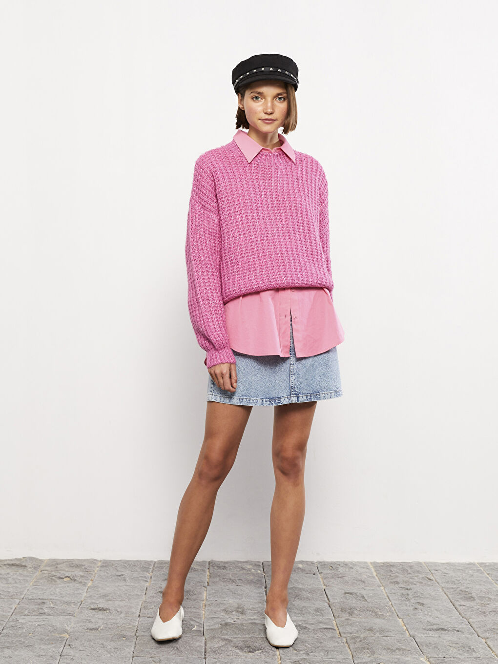 Siyah Metal Boncuklu Kadın Kaşe Denizci Şapkası-2