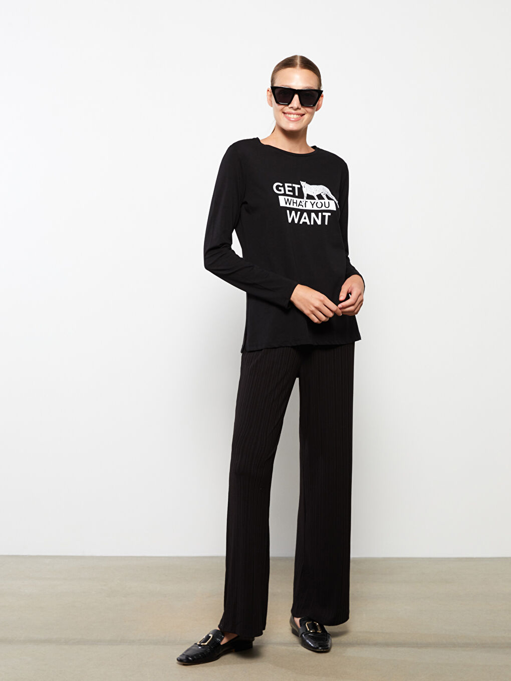 Crew Neck Printed Long Sleeve Cotton Women's T-shirt
