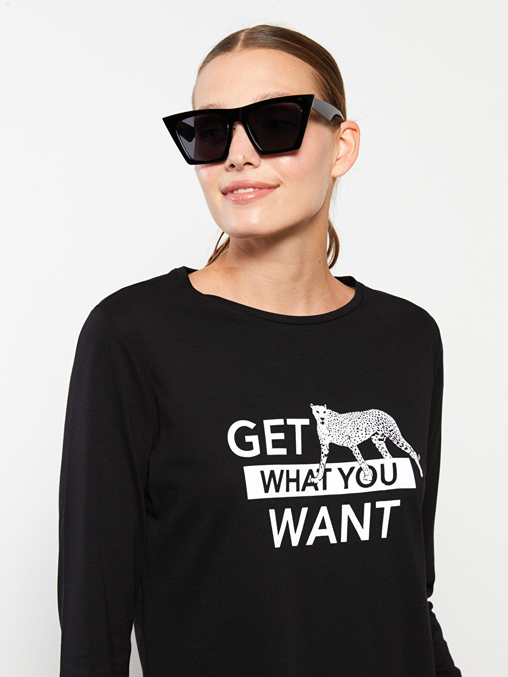 Crew Neck Printed Long Sleeve Cotton Women's T-shirt-2