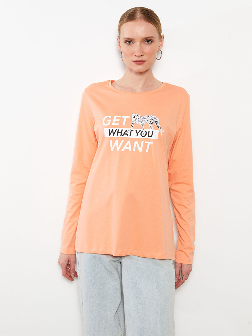 Mercan Bisiklet Yaka Baskılı Uzun Kollu Pamuklu Kadın Tişört-2