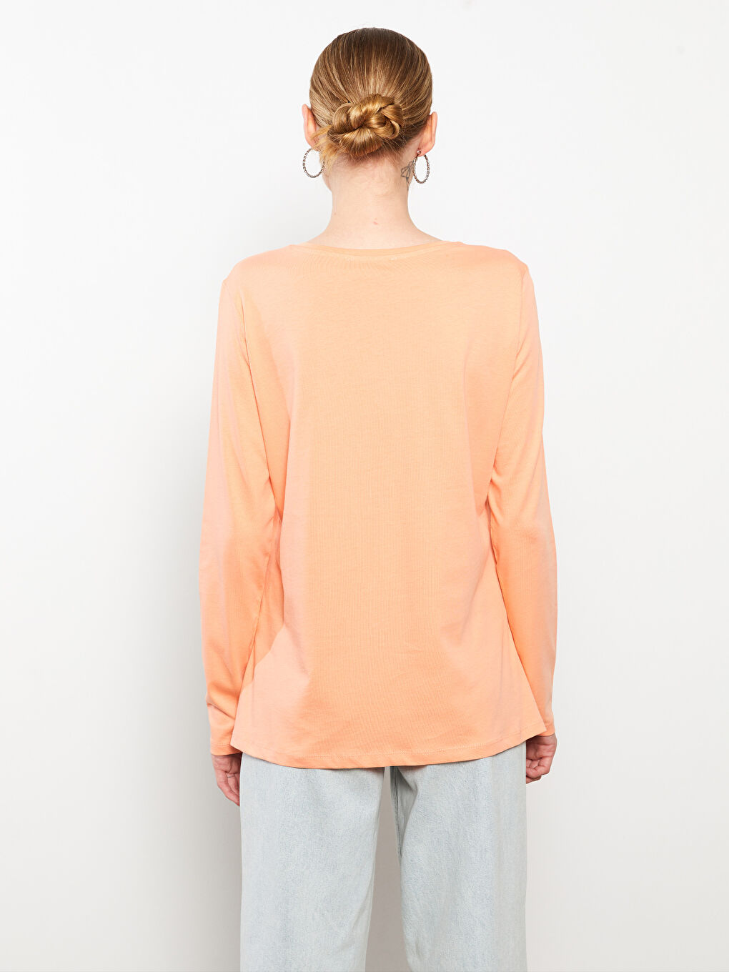 Mercan Bisiklet Yaka Baskılı Uzun Kollu Pamuklu Kadın Tişört-4