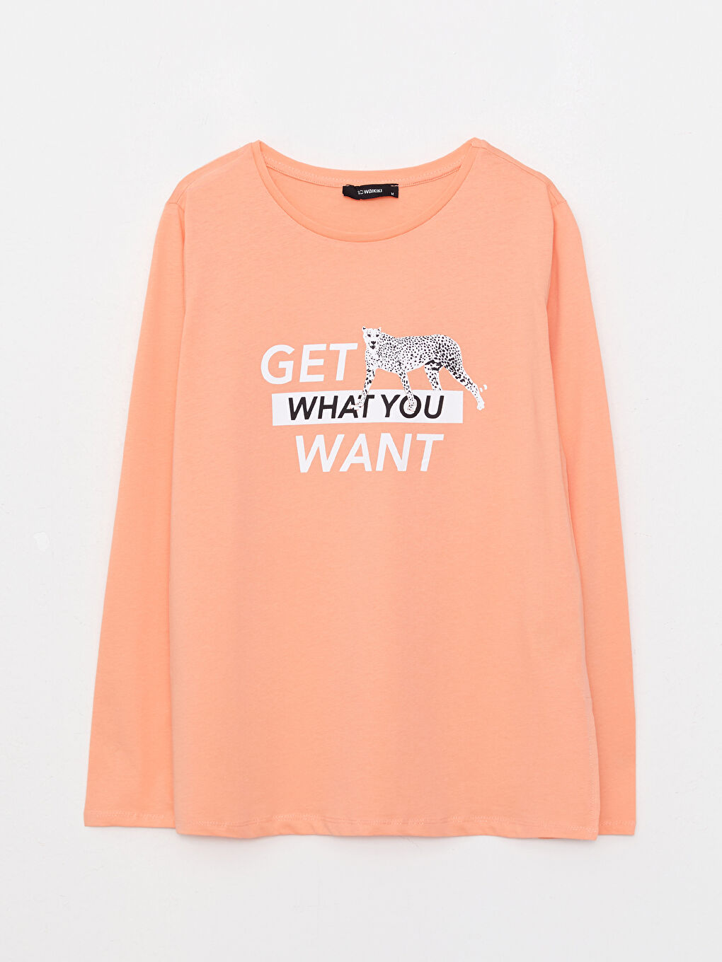 Mercan Bisiklet Yaka Baskılı Uzun Kollu Pamuklu Kadın Tişört-5