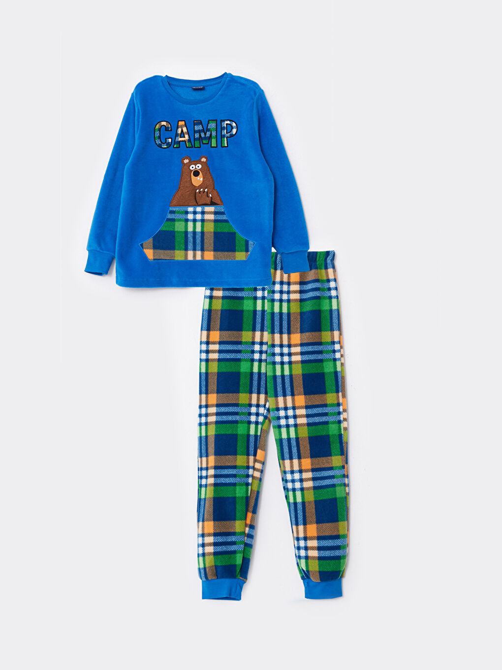 Mavi Bisiklet Yaka Ekose Uzun Kollu Polar Erkek Çocuk Pijama Takımı