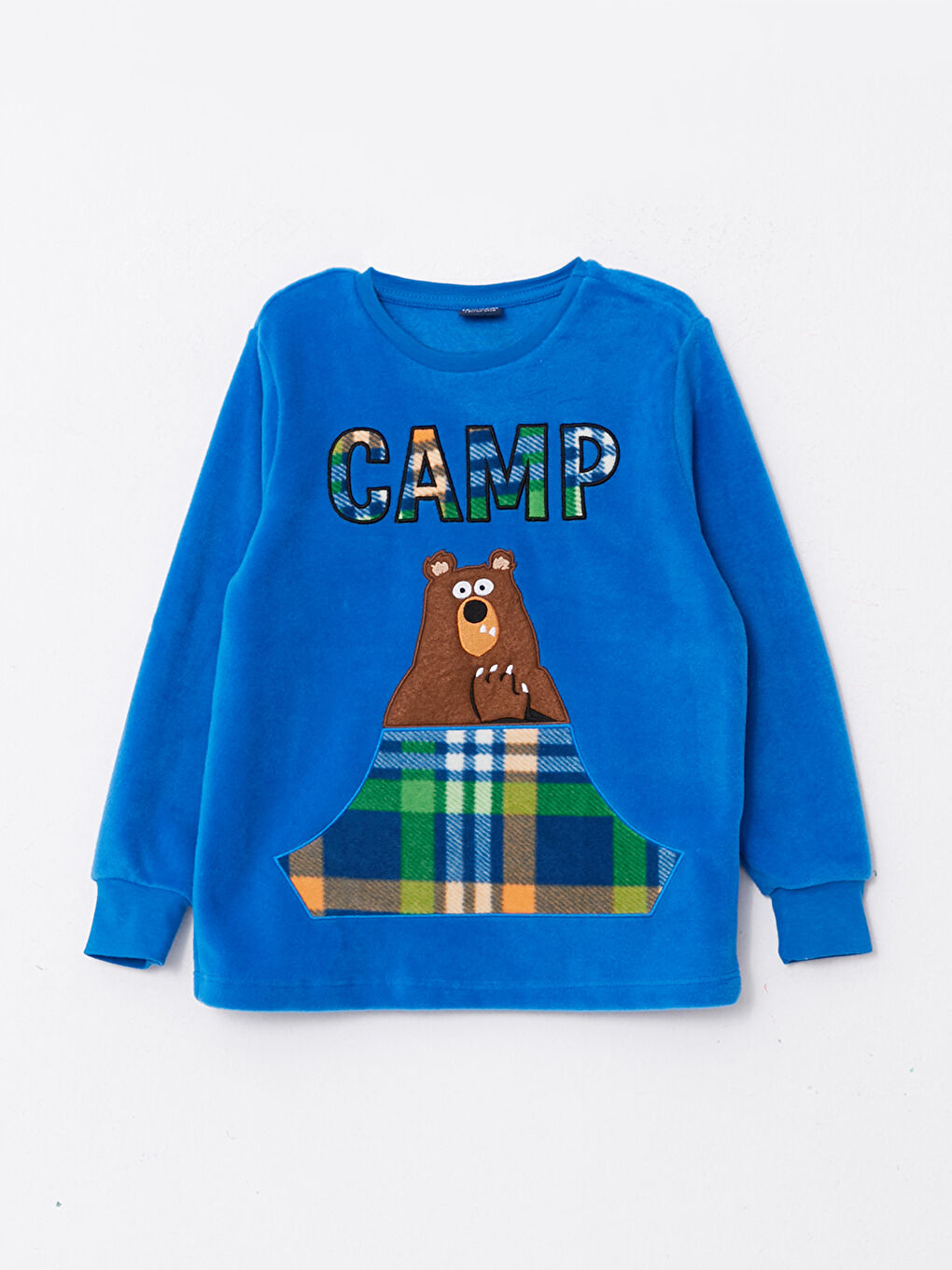 Mavi Bisiklet Yaka Ekose Uzun Kollu Polar Erkek Çocuk Pijama Takımı-1