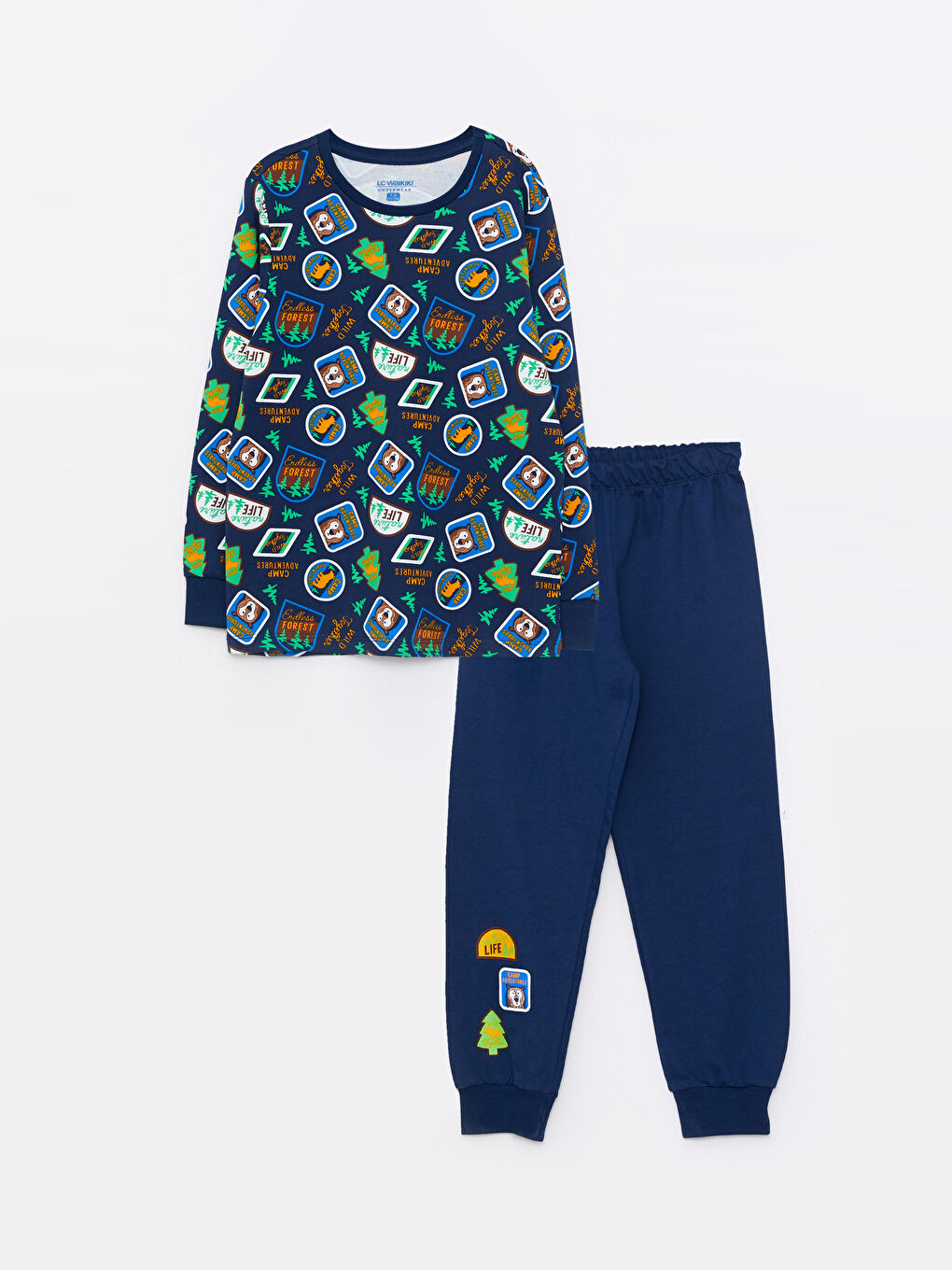 Lacivert Bisiklet Yaka Baskılı Uzun Kollu Erkek Çocuk Pijama Takımı
