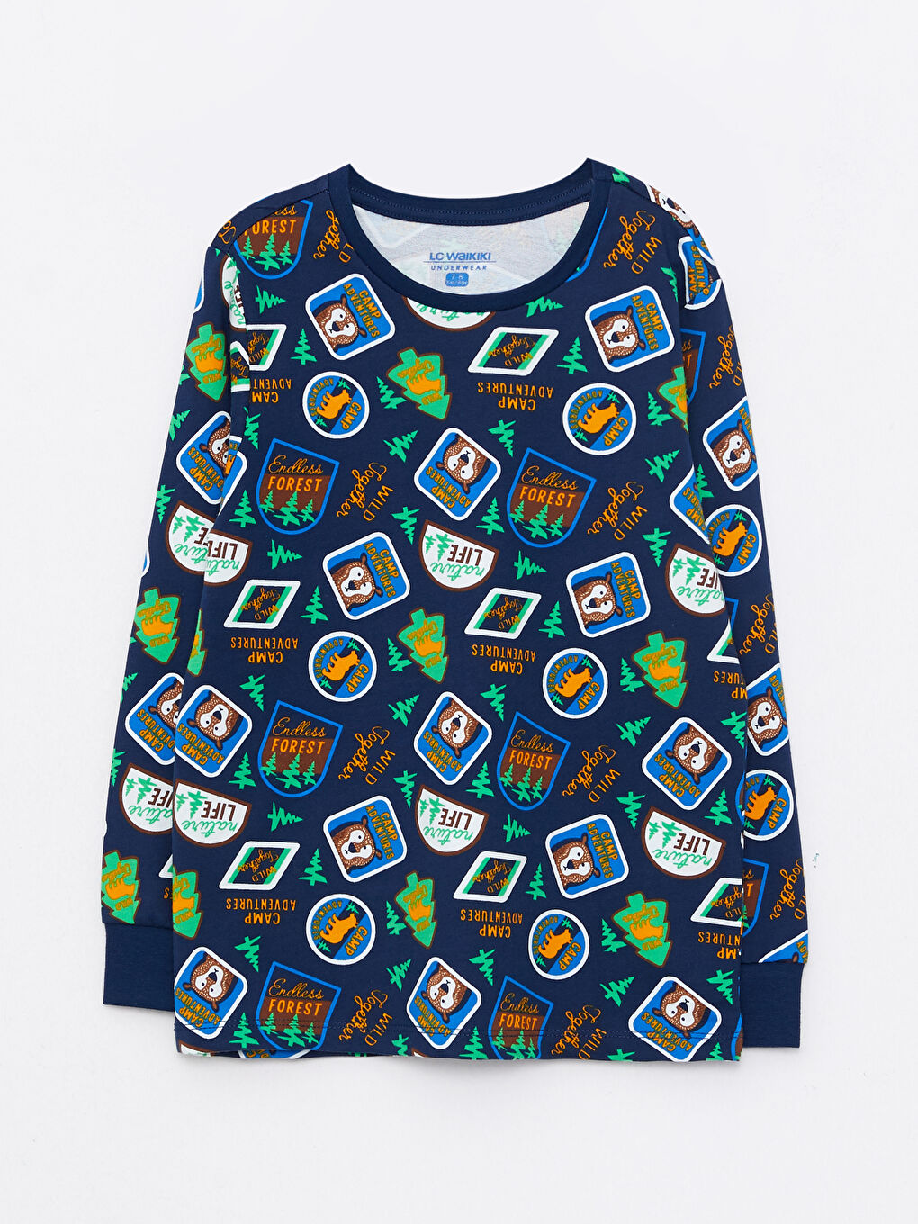 Lacivert Bisiklet Yaka Baskılı Uzun Kollu Erkek Çocuk Pijama Takımı-1