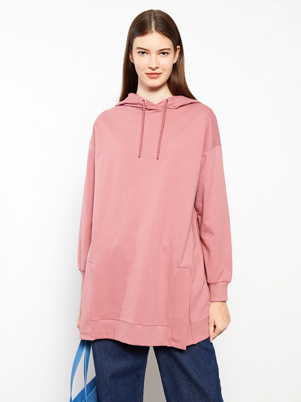 Hooded Plain Long Sleeve Oversize Women's Sweatshirt Tunic-2