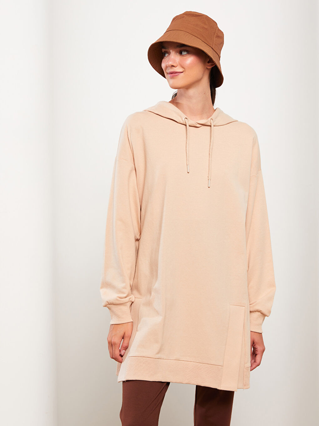 Tunique Sweatshirt Oversize À Capuche Unie Manches Longues pour Femmes-2