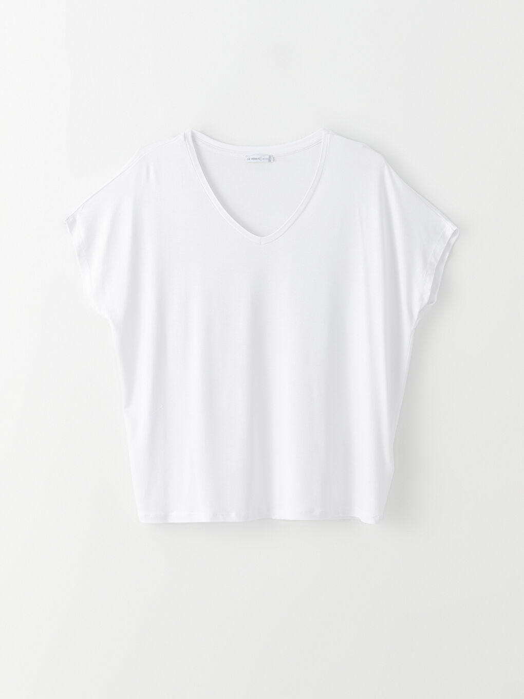 Beyaz V Yaka Düz Kısa Kollu Kadın Tişört-5