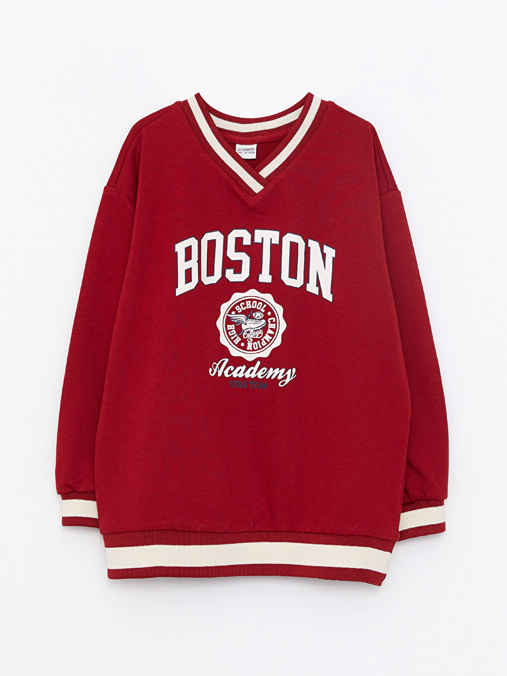 Kırmızı V Yaka Baskılı Uzun Kollu Kız Çocuk Sweatshirt